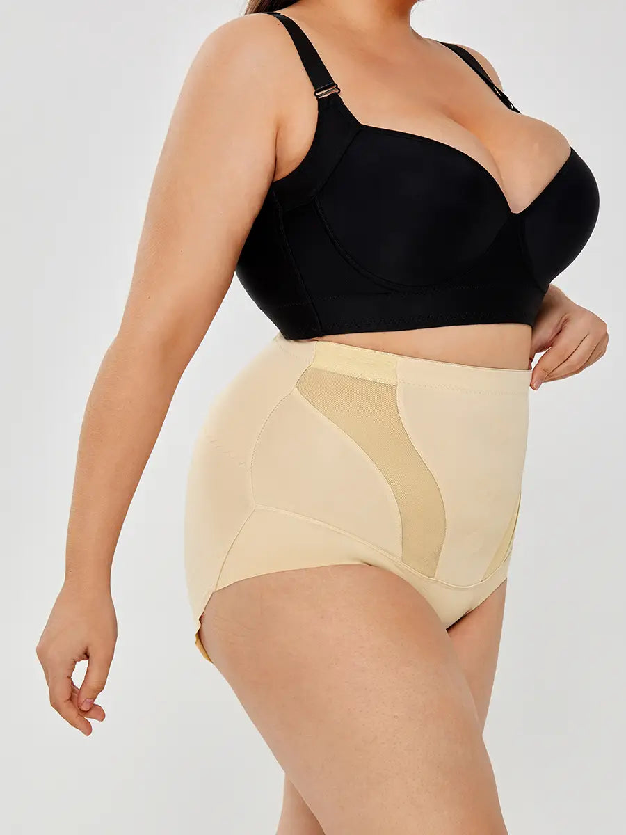 Beige womens tummy control high waist shapewear briefs featuring sheer mesh panels for body shaping and tummy control high waist support.