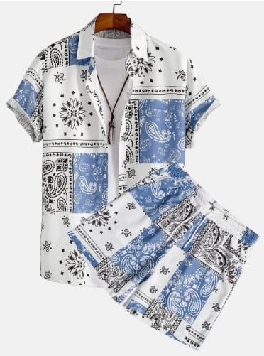 blue and white bandana patterned short sleeve beach shirt suit with matching shorts for casual summer wear
