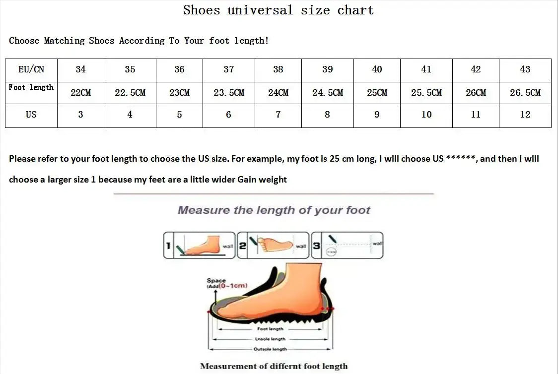 Universal size chart for rhinestone fish mouth medium platform sandals showing foot length measurements in EU CN and US sizes with illustrated instructions on how to measure your foot.