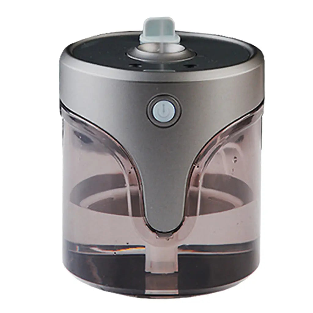 Modern auto alcohol dispenser handsanitzer featuring a silver and transparent cylindrical design with a black top, power button, and water reservoir for efficient alcohol dispensing.