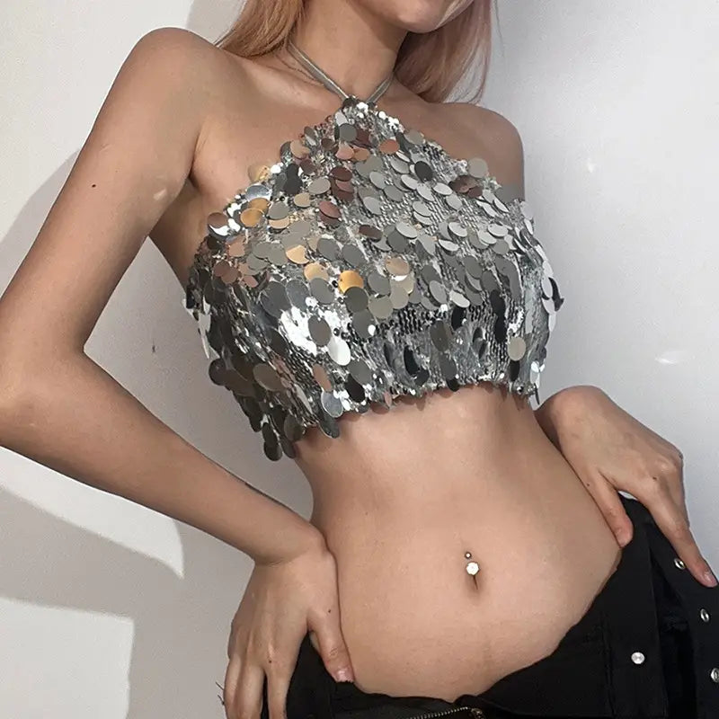shiny silver sequined halter backless vest with a fitted cropped design made from sparkling sequins for a stylish evening look