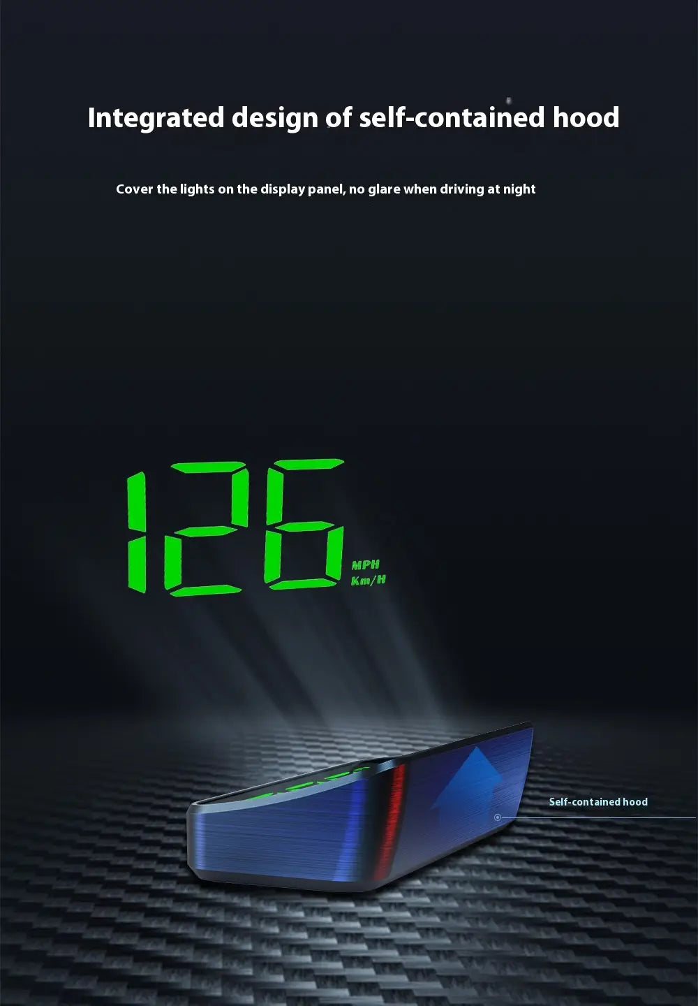 Blue and red metallic universal head-up display car gps velometer with a sleek angular design projecting green digital speed readings onto the windshield.