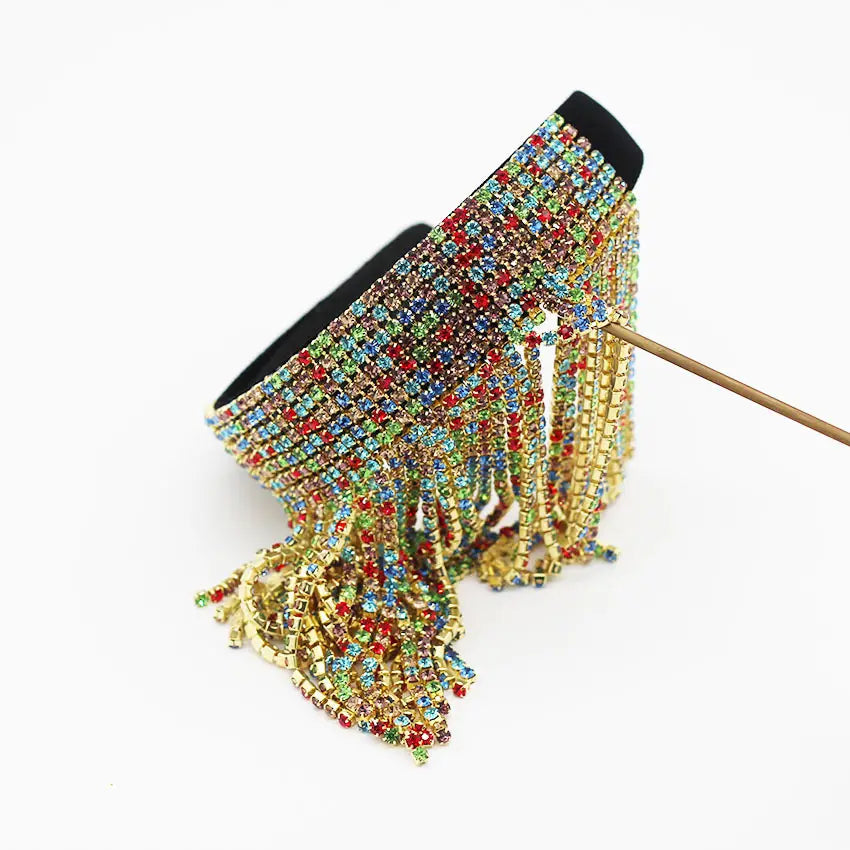 a tassel diamond pearl bridal headband set featuring a vibrant multi-colored rhinestone fringe with a black elastic band and gold-toned metallic chains perfect as a diamond pearl gift or pearl gift bridal accessory