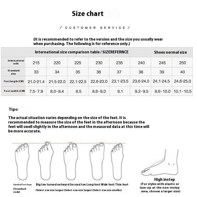 size chart for rose gold satin pointed toe high heels with chunky heel displaying international and standard shoe sizes with foot length and width measurements in centimeters and illustrations of different foot shapes for accurate fit of toe high heels.