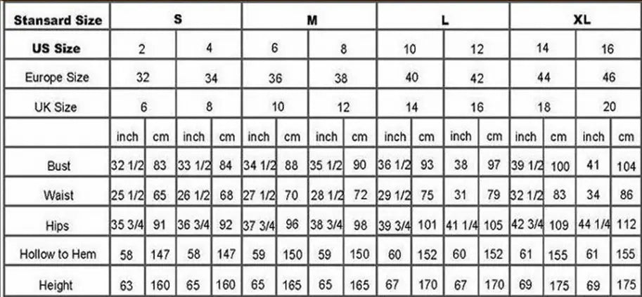 A detailed size conversion chart displaying us europe and uk measurements in inches and centimeters for the lace sleeveless big tail african mermaid wedding dress main fabric.