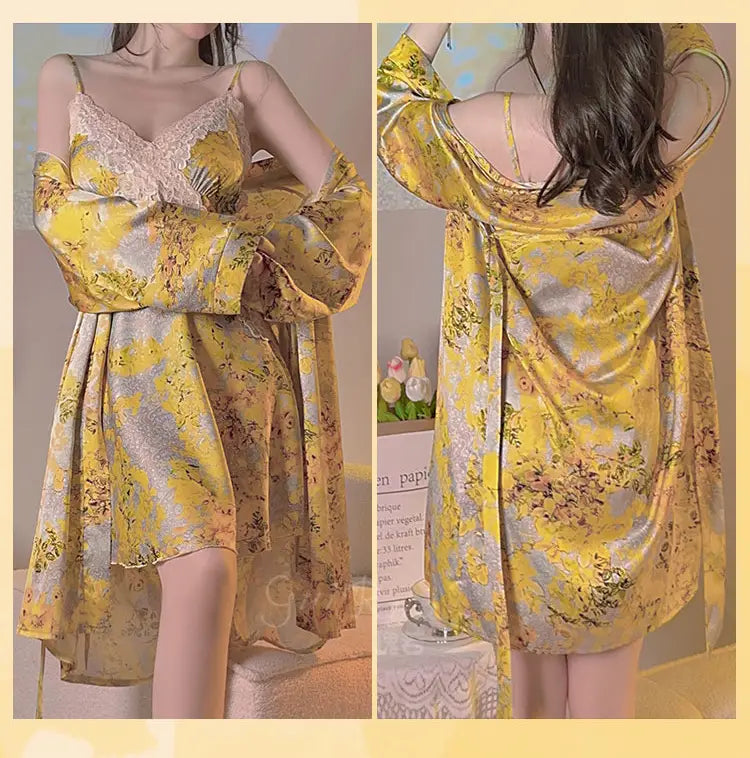 Yellow floral satin cross lace nightdress featuring a floral satin cross lace-trimmed camisole underneath a matching satin robe.