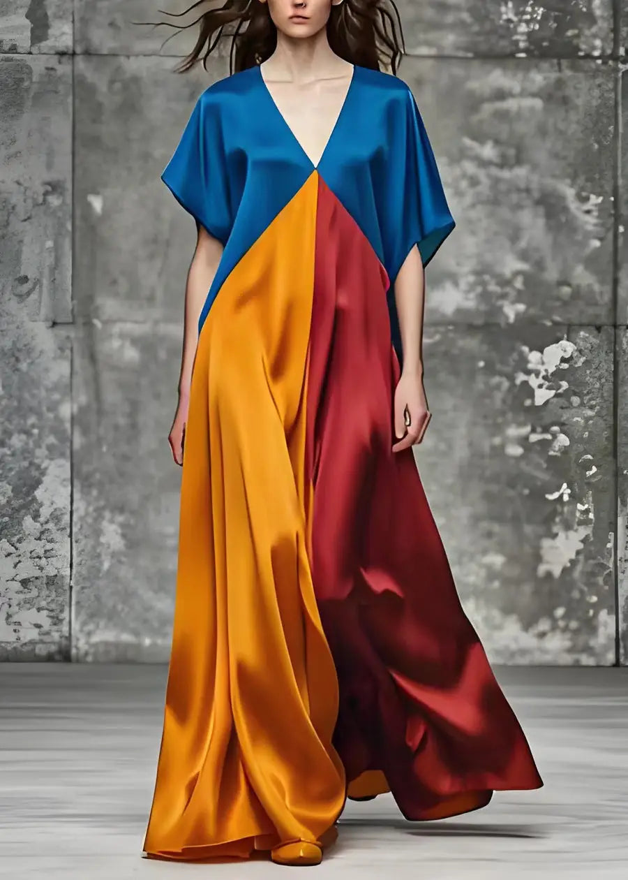 a flowing color block satin maxi dress in bold blue orange and red hues featuring a round neck loose fit and loose short sleeves