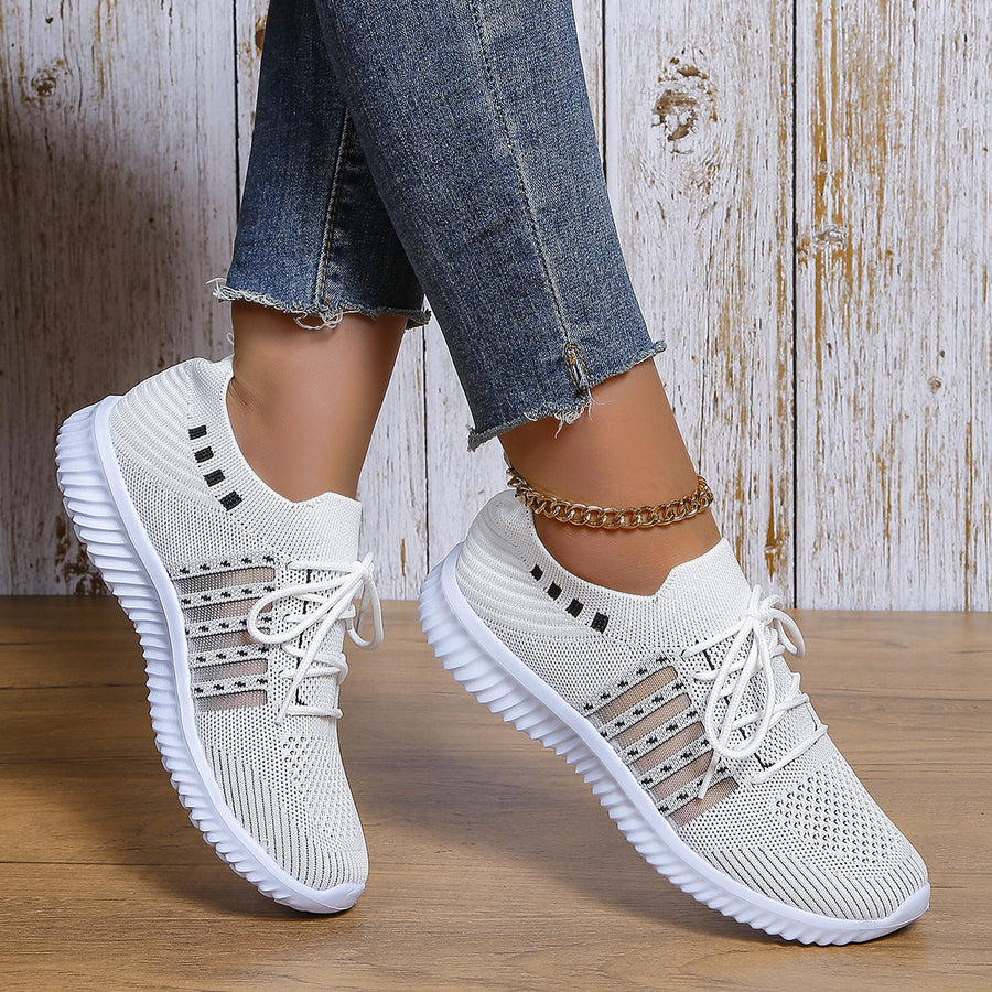 Women's Breathable Knit Mesh Lace-Up Sneakers, Lightweight Walking Running Shoes