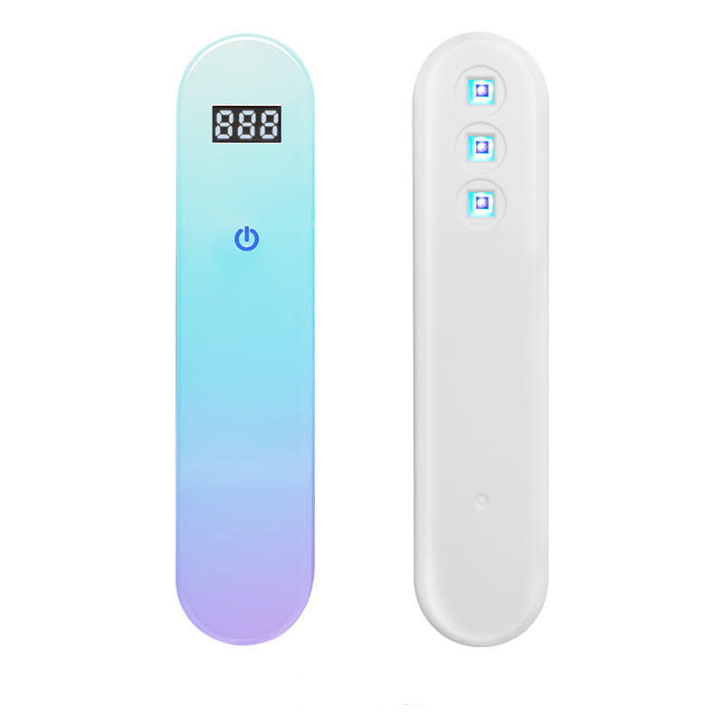 electronic uv disinfection stick royale essence lux featuring a gradient blue-to-purple uv nail lamp with digital display and power button alongside a white version with three illuminated led lights.