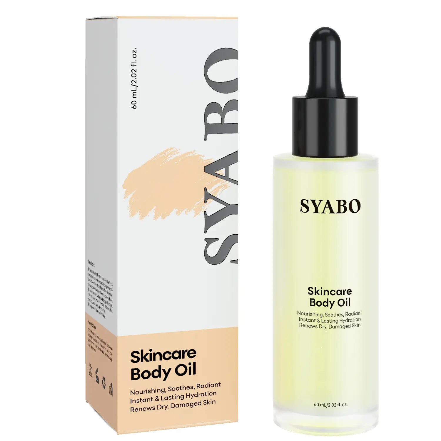 Syabo skincare body care essential oils in a clear glass bottle with a black dropper cap containing pale yellow liquid for body care.