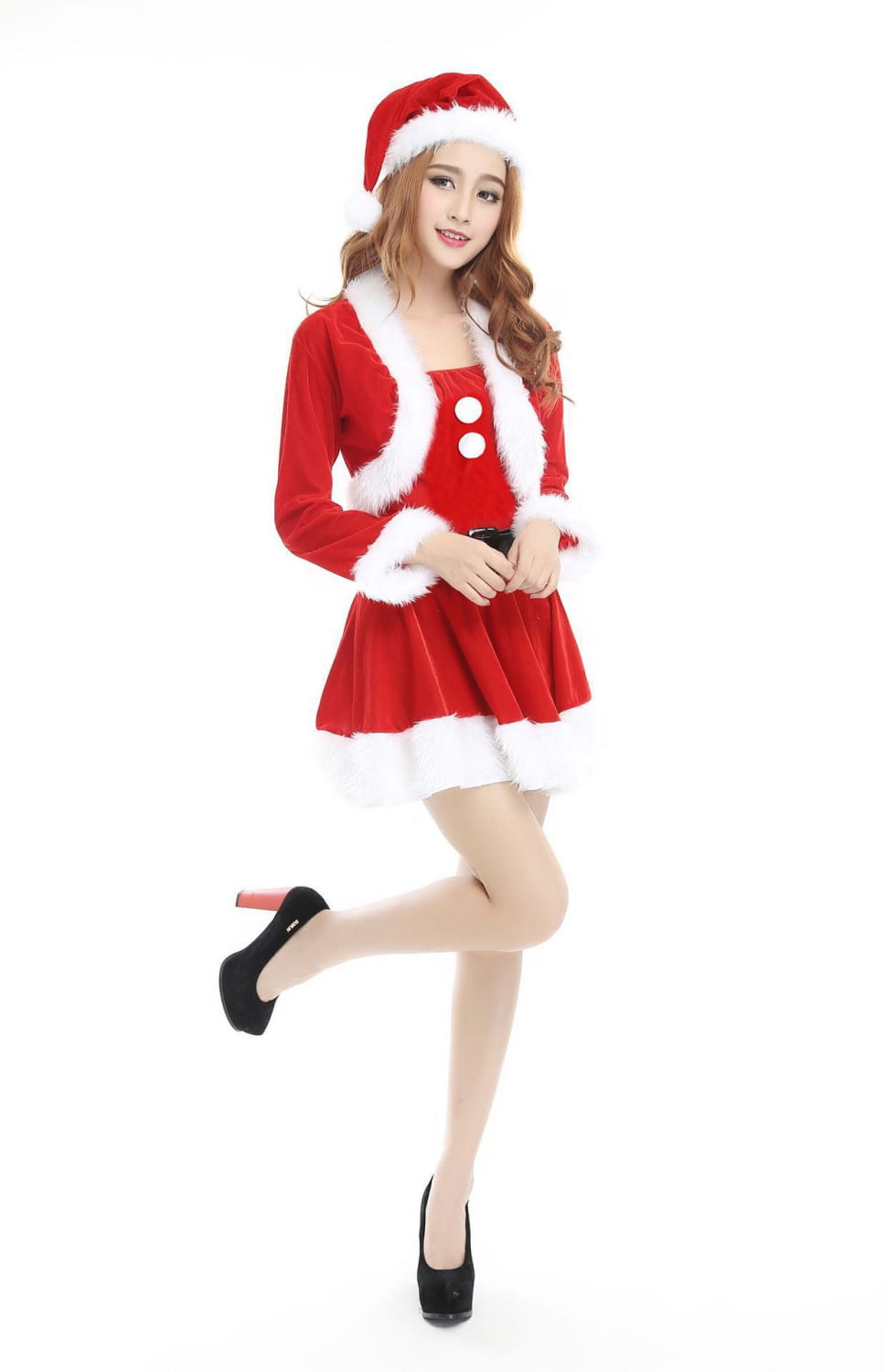 adult female costumes christmas red velvet santa dress with white fur trim and two front buttons for festive occasions