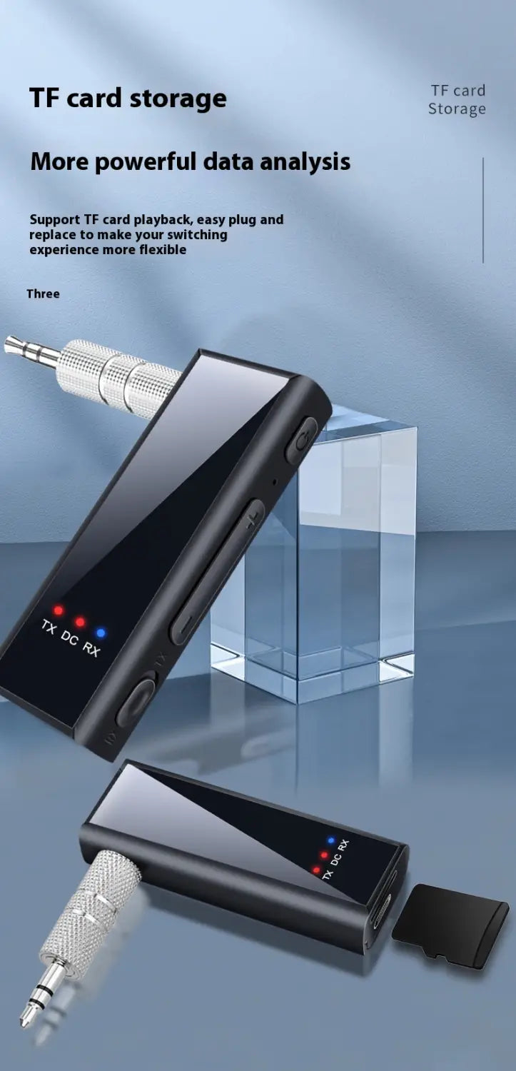 black rectangular tf card storage 3.5mm bluetooth adapter car audio transmitter with silver metallic audio jack and red blue indicator lights for adapter car bluetooth use