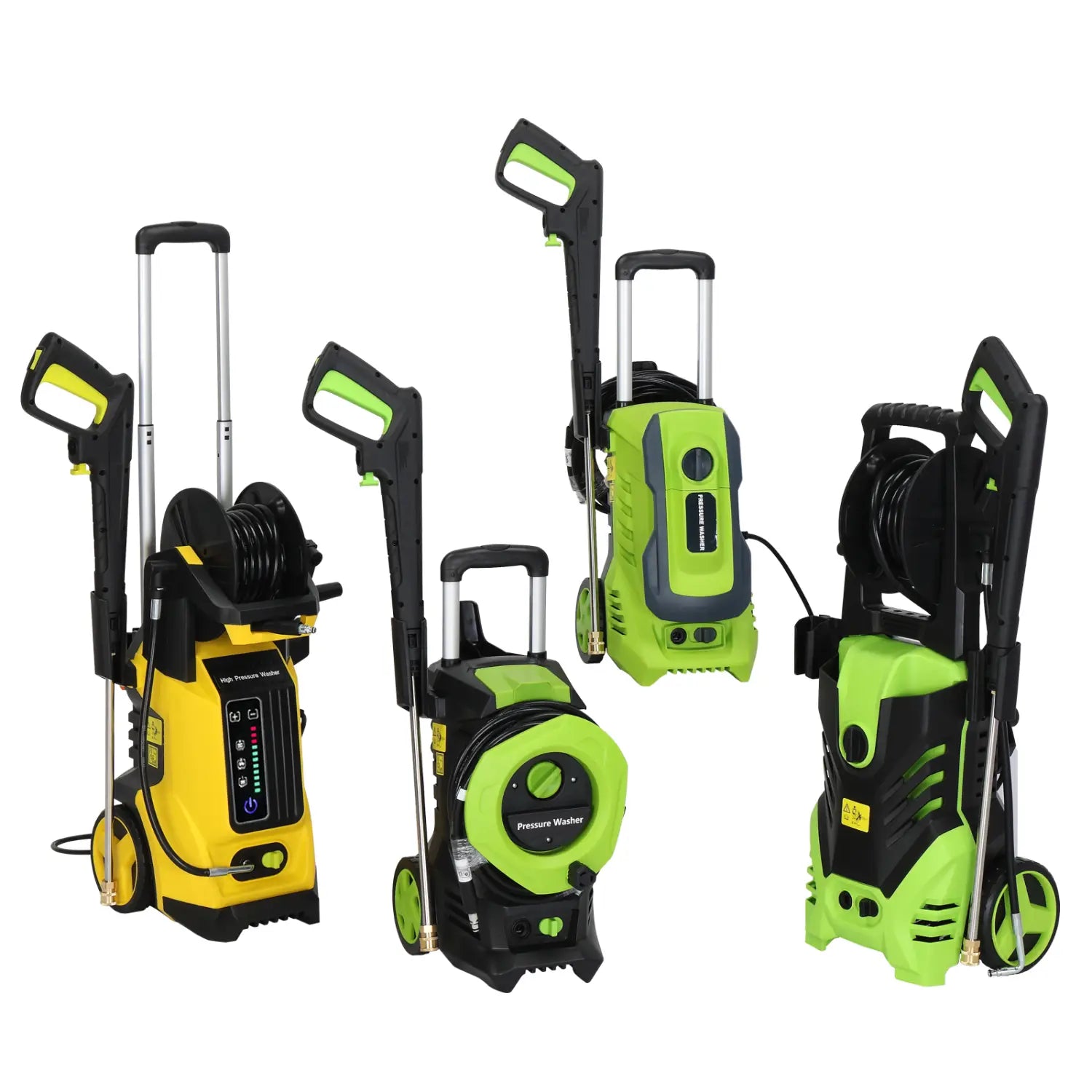 bright green and black high pressure cleaner with wheels handlebars and coiled hose for portable cleaning use