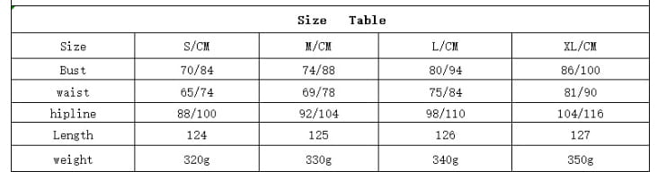 Size chart table for the black lace high waist mermaid gown showing garment measurements in centimeters and weights in grams for sizes S through XL.