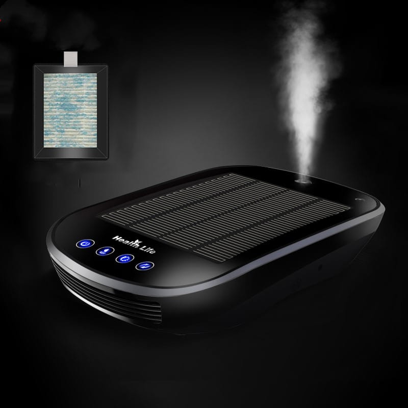 black health life solar car air purifier with a sleek oval design and visible steam emission featuring LED indicators for use in vehicle air purification.