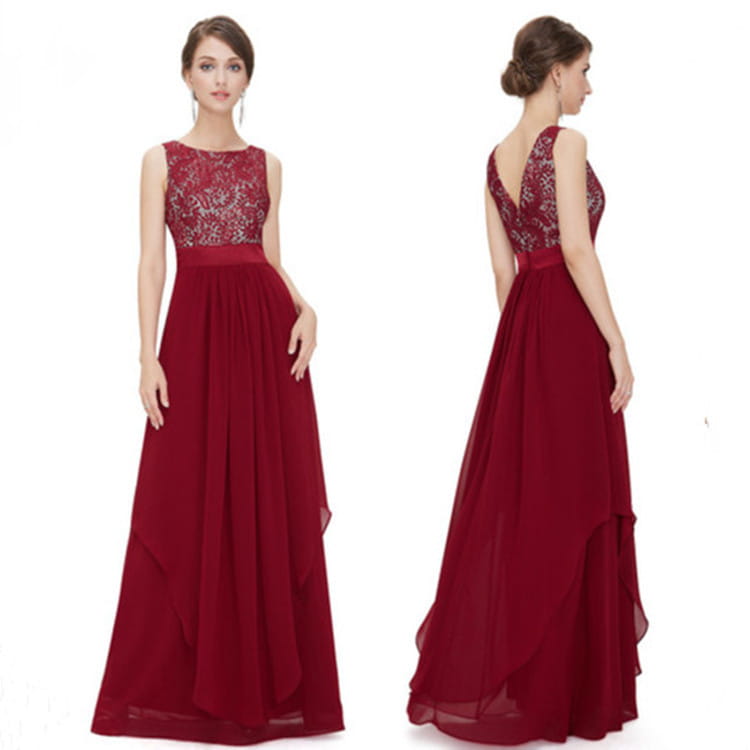 A deep red sleeveless floor-length gown featuring a lace spliced chiffon bodice and flowing chiffon skirt.