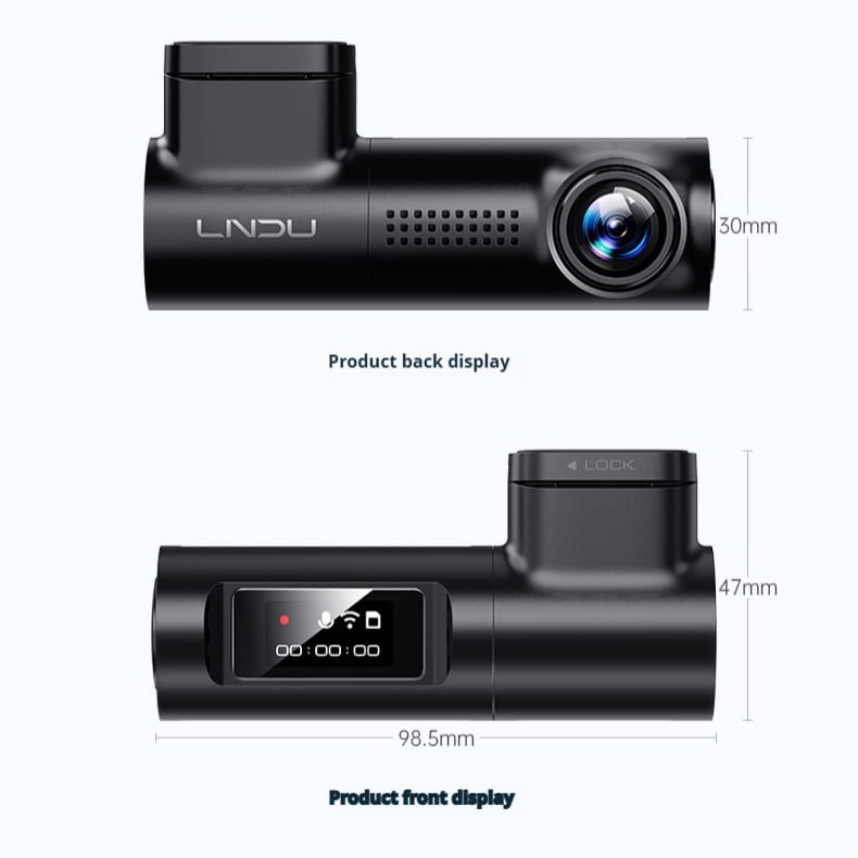 Black Indu 4K night vision driving recorder with a sleek cylindrical body, front-facing camera lens, and digital display screen showing time and connectivity icons for panoramic parking surveillance.