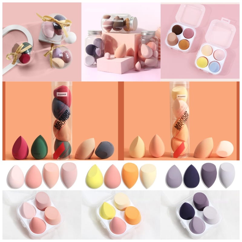 a collection of colorful teardrop-shaped beauty egg makeup sponges in various pastel and vibrant hues packaged neatly for retail display