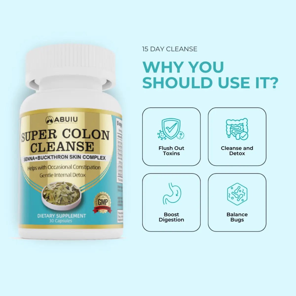 White plastic bottle with a gold and teal label reading abuiu super colon cleanse containing 30 capsules for effective cleanse capsule use.