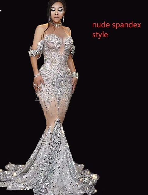 A shimmering silver mermaid-style gown made from nude spandex with intricate beading and sequins designed for a stage nightclub dj female or female singer european.