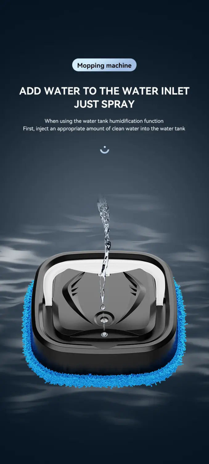black and blue robotic pool cleaner with rectangular body water tank inlet and absorbent blue bristles around the perimeter designed as a smart home wet and dry humidifier mopping machine