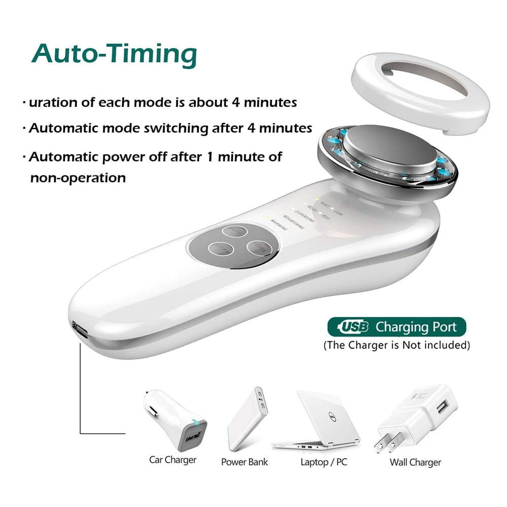 White and silver 7 in 1 led facial machine and skin care massager with a circular treatment head and three control buttons on the handheld body.