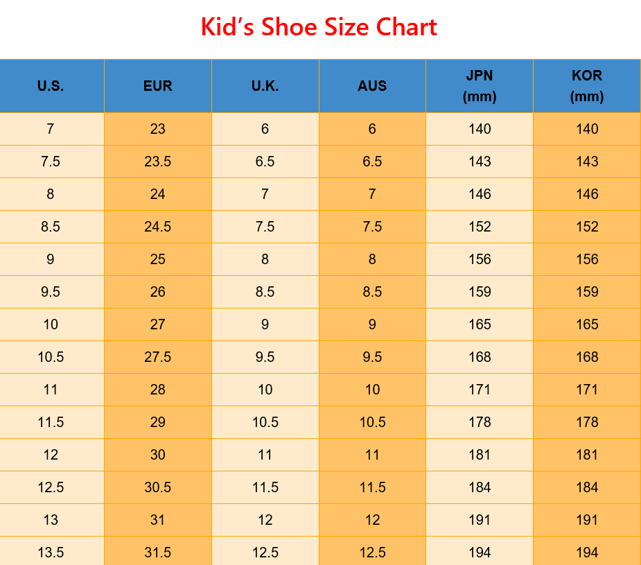a kid’s shoe size chart displaying conversions across u.s., european, uk, australian, japanese mm, and korean mm sizing systems for tan leather baby princess shoes with scalloped trim