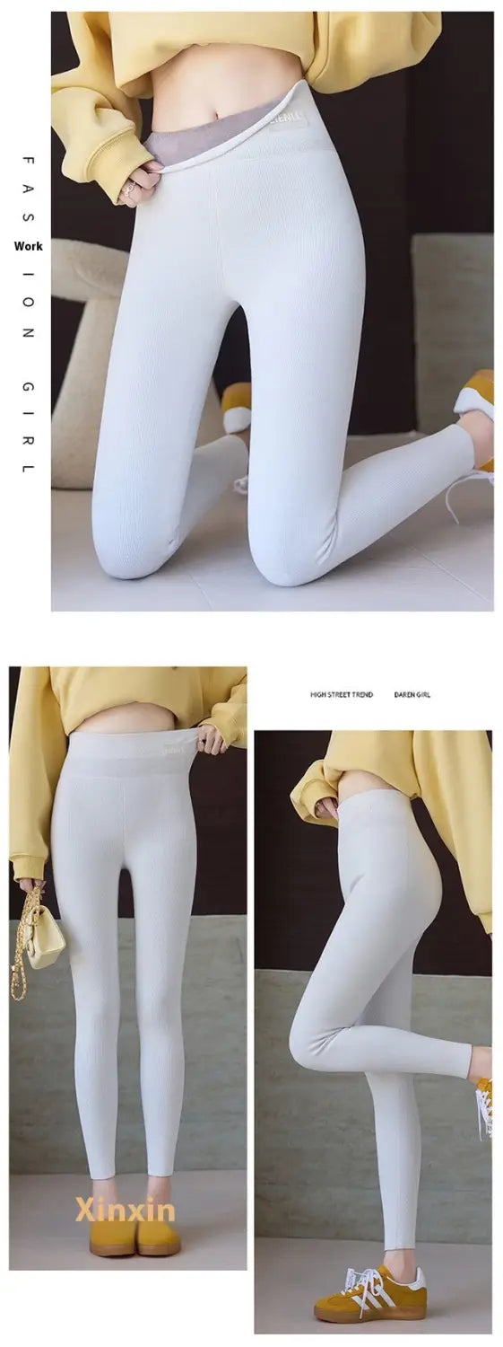 white high-waisted leggings with a snug, form-fitting design and elastic waistband designed as winter threaded underwear leggings for high waist high support.