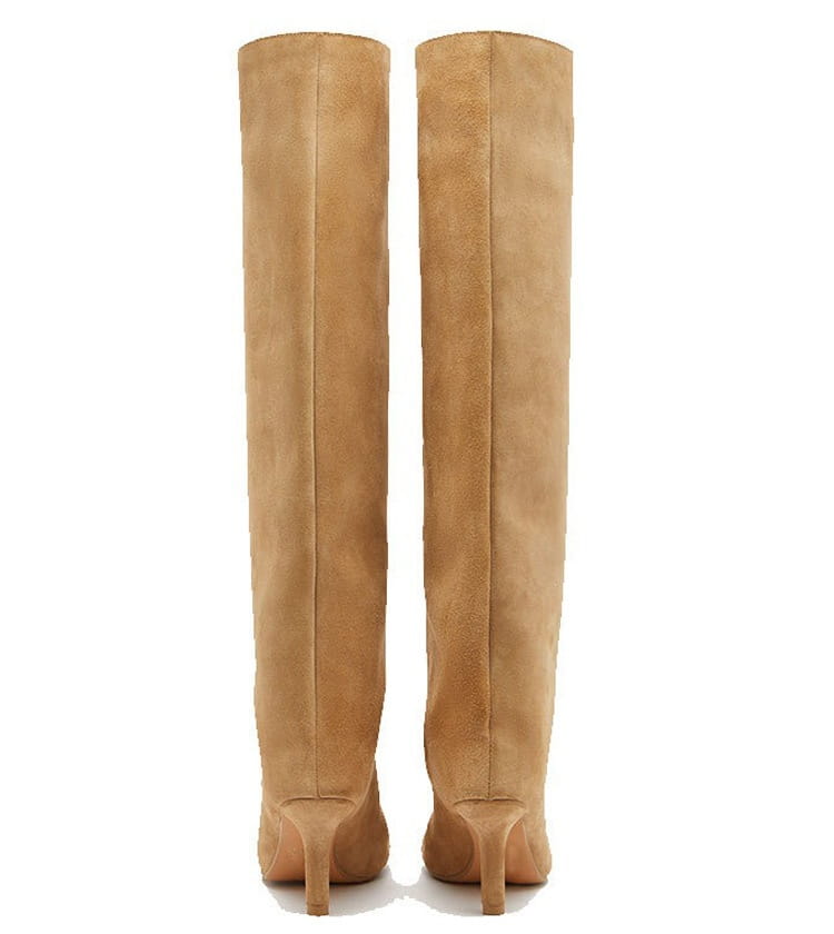 Tan suede over-the-knee boots featuring a sleek high heel and simple stitching square head design suitable for yards custom styling.