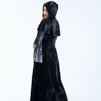Halloween Women Medieval Gothic Witch Maleficent Horror Scary Cosplay Costume Carnival Party Ghost Long Black Hooded Dress - Royalessencelux