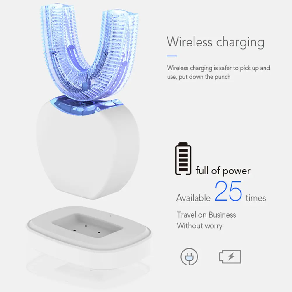 A sleek translucent blue and white ultrasonic electric toothbrush with a u-shaped design designed as an automatic tooth cleaner.