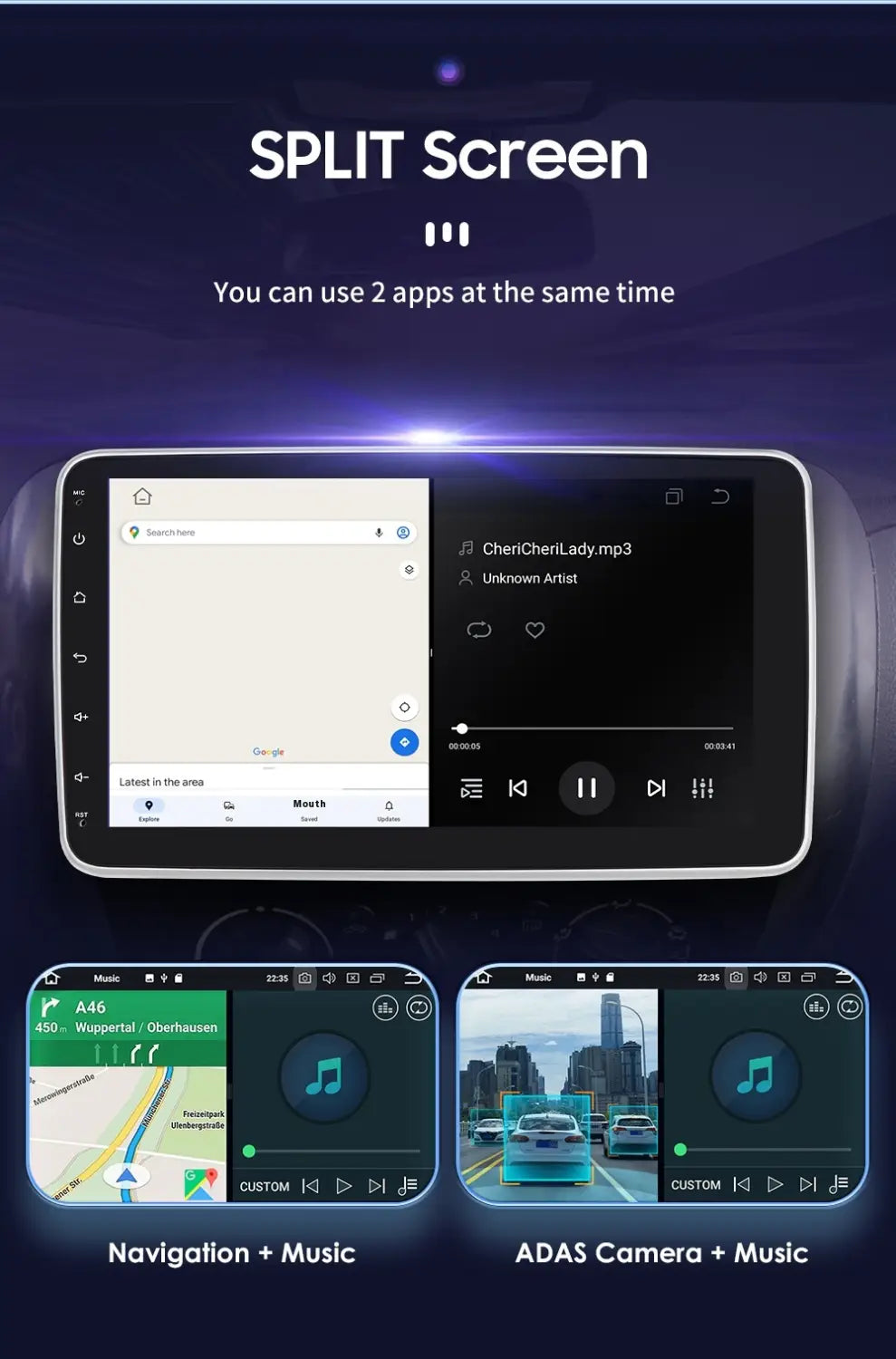 black and silver 10.1 inch android car navigation 4glte version carplay infotainment system with split-screen functionality displaying navigation music and adas camera features
