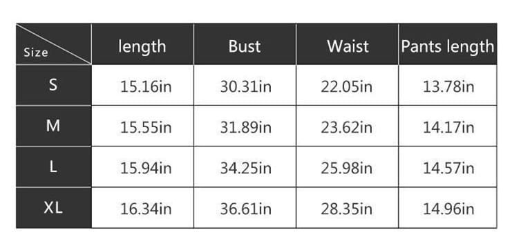 Size chart for white textured tummy control yoga activewear set pants showing measurements in inches across sizes s through xl.
