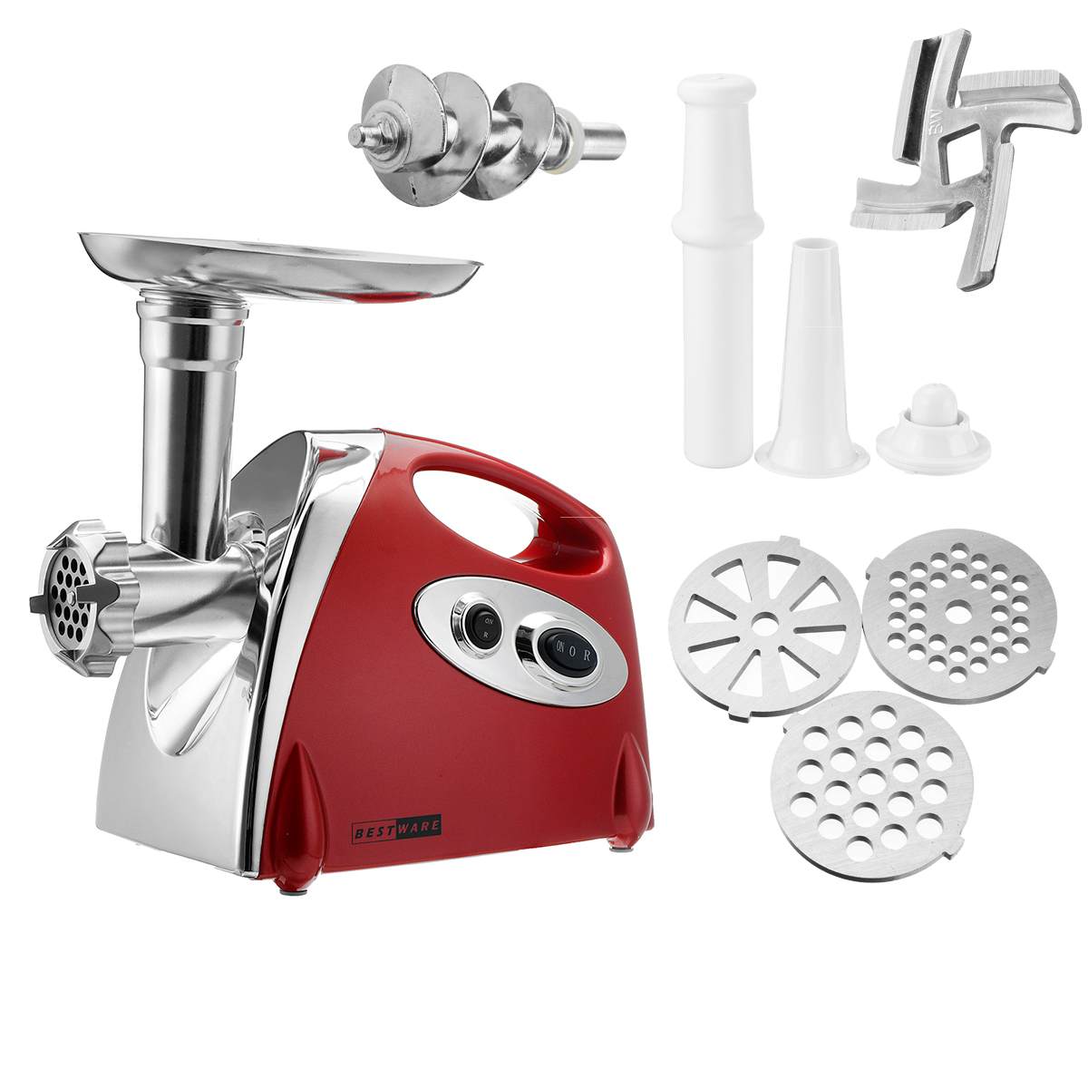 red multifunctional electric meat grinder in red and silver with stainless steel attachments for versatile meat processing