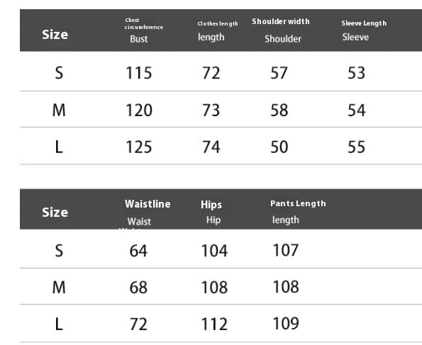 Size chart for a white linen long sleeve shirt trousers suit displaying measurements in centimeters for bust, chest circumference, clothes length, shoulder width, sleeve length, waistline, hips, and pants length.