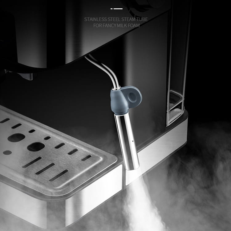 Stainless steel steam tube with gray silicone handle on a smart espresso machine with steam milk frother designed for creating fancy milk foam.