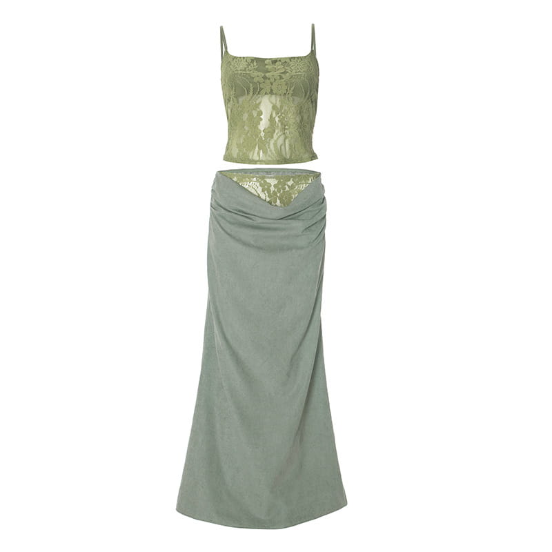 olive green lace backless tube crop top with sling stitching ruffle and matching draped skirt featuring stitching ruffle hip design set.