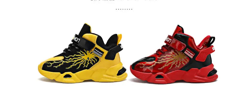 yellow and black children’s high-top winter cotton shoes with waterproof leather uppers and lightning bolt designs with inside length details available in red and black version