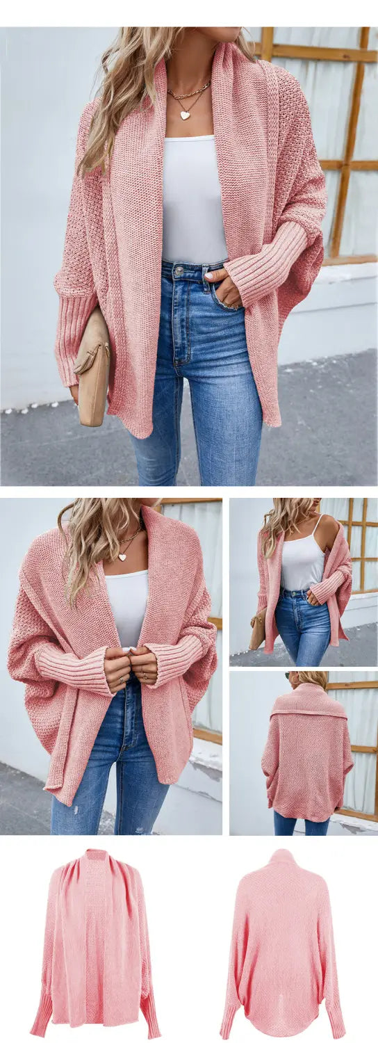 soft pink knitted cardigan with a loose open-front design and ribbed cuffs showcasing a solid color loose knitted sweater style.