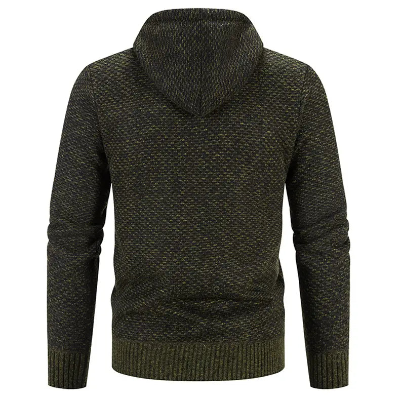 dark olive green textured knit hoodie with ribbed cuffs and hem featuring a coat zipper closure solid for winter wear