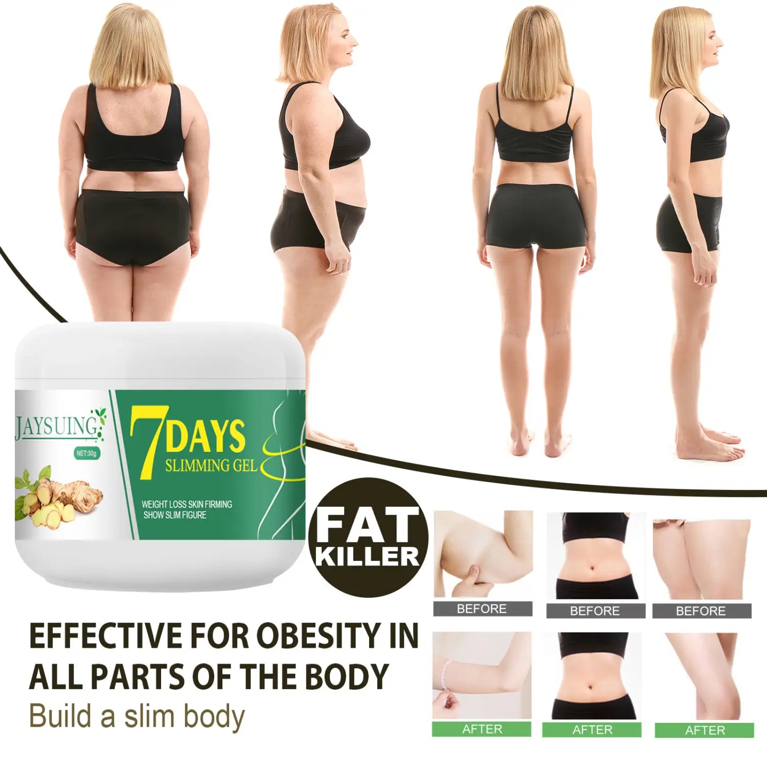 white cylindrical container of Jaysuing ginger abdominal slimming cream with green label featuring images of ginger roots for effective ginger abdominal shrinking and 7 days slimming gel use