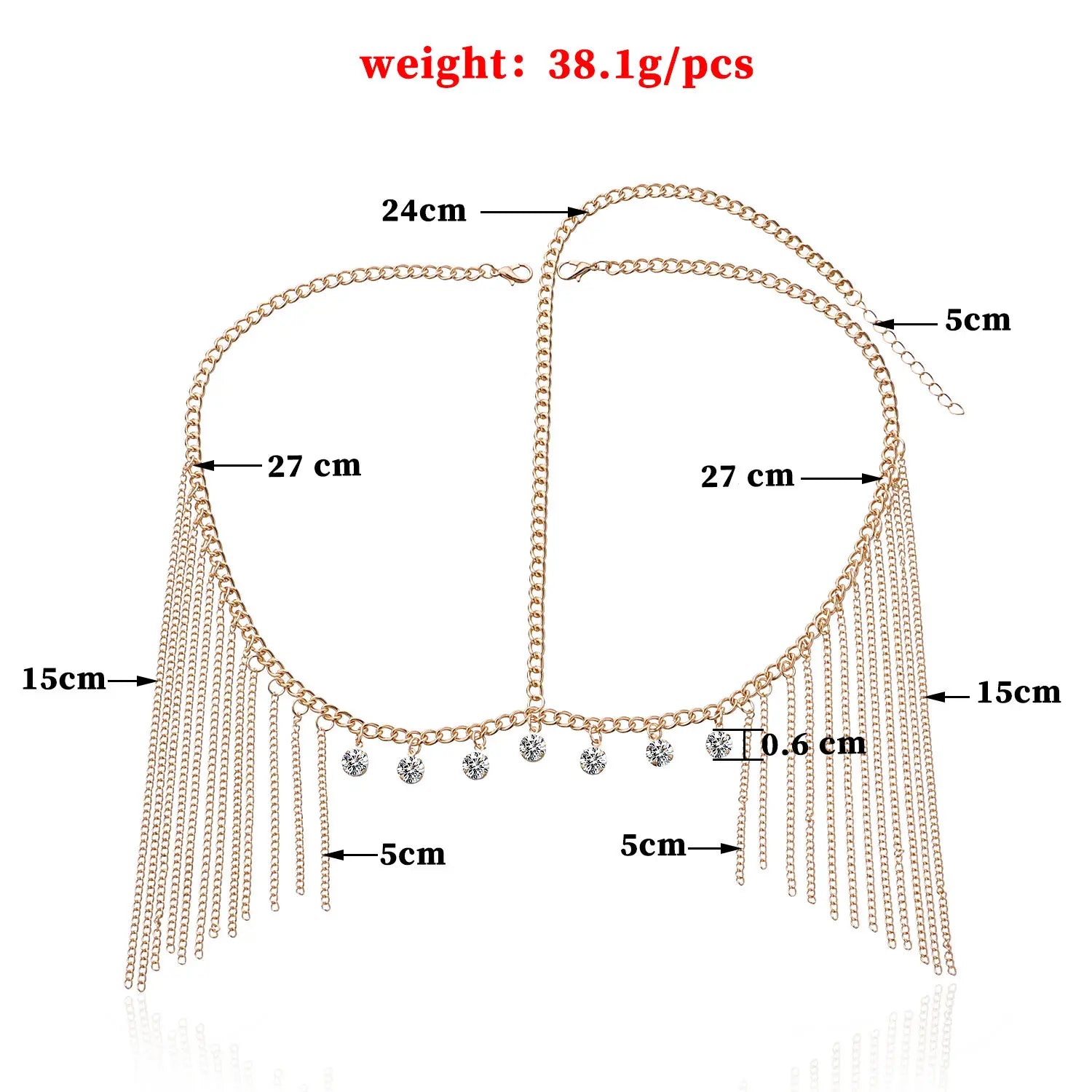 gold-toned chain body chain with dangling chains and crystal embellishments designed as long tassel head hair accessories female for elegant styling.