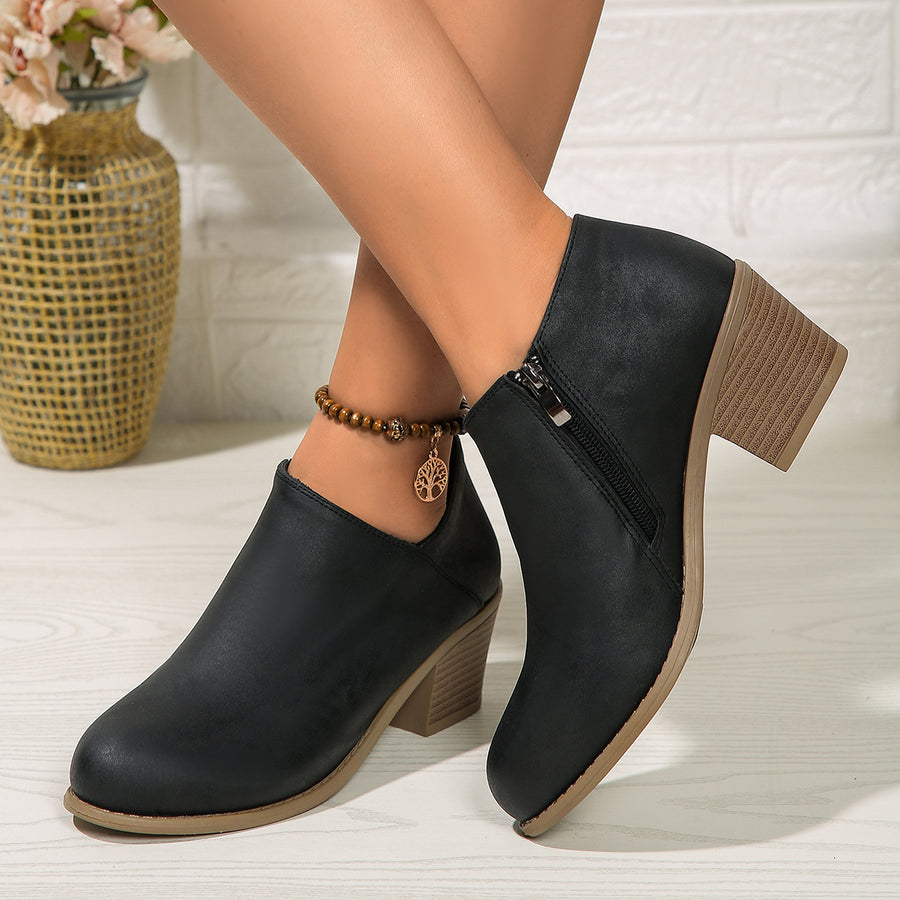 Women's Chunky Heel Round Toe Ankle Boots with Side Zipper, Fall Winter Booties