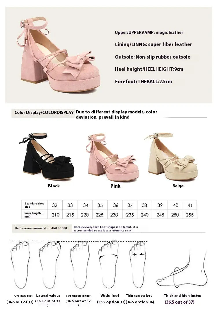 pink platform mary jane heels with small size bow on the instep and ankle strap in platform lolita style
