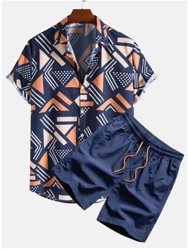 navy blue geometric patterned short sleeve beach shirt with matching shorts in an orange palm print short sleeve beach shirt suit