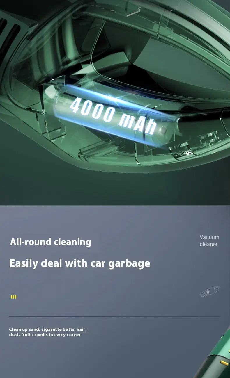 A sleek translucent green wireless car vacuum cleaner with a 4000 mAh battery inside its housing designed as a small wireless car device with hose for household small wireless use.