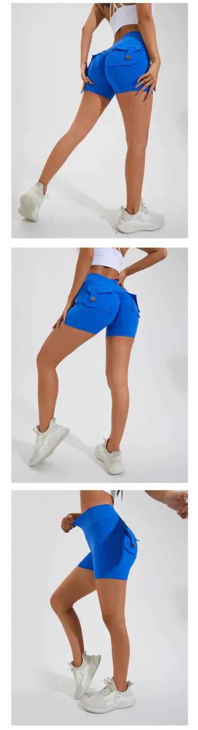 bright blue high waist hip lifting shorts with visible side pockets and a casual sporty design for comfortable wear
