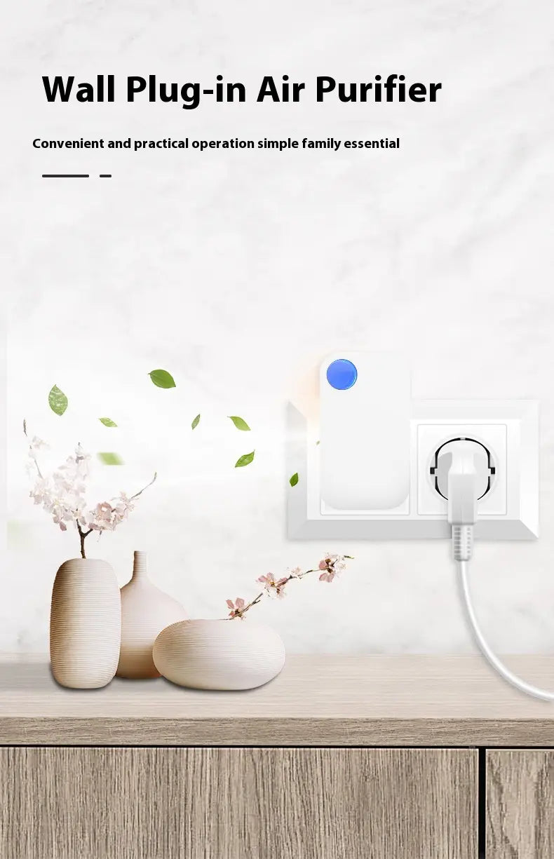 White wall plug-in air purifier with blue circular indicator light designed as a portable household anion purifier for odor removal and air purification.