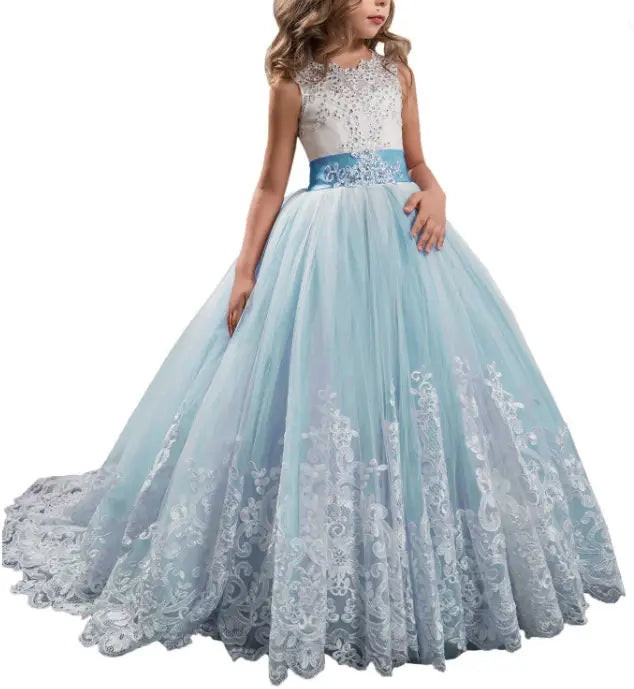 lavender tulle lace wedding dress for children featuring a delicate light blue clothing lace wedding gown with a beaded bodice and matching sash available in the united states