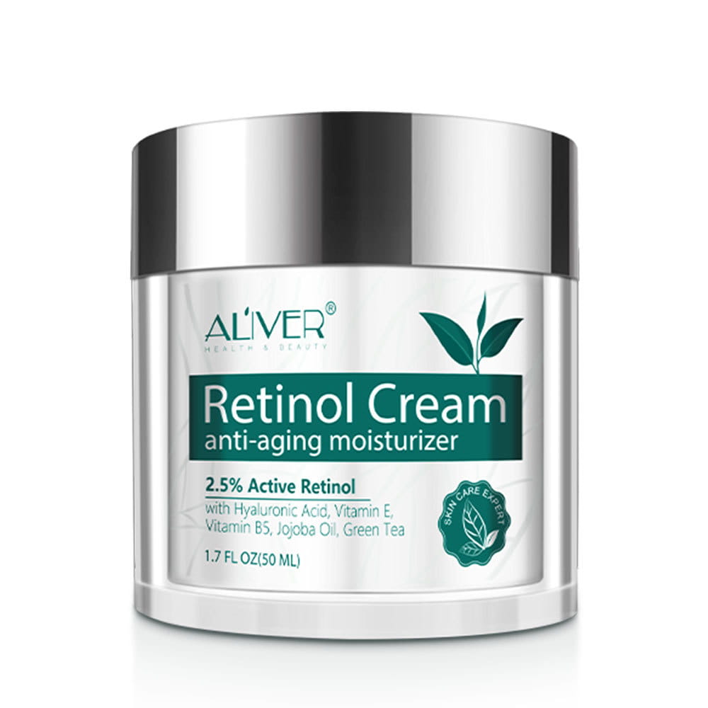 silver cylindrical jar of aliver retinol cream 2.5 percent active retinol cream anti aging moisturizer with sleek metallic lid and green leaf logo